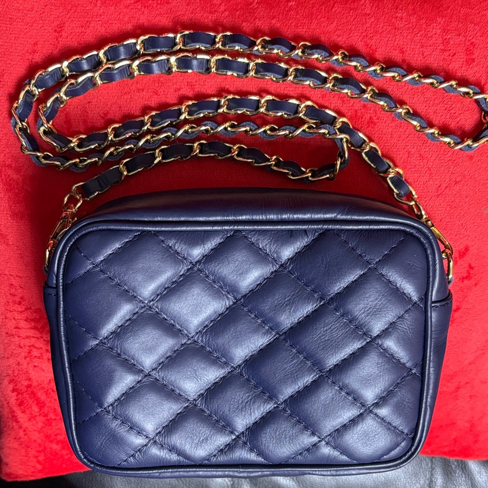 Vera Pelle Navy Quilted Leather Crossbody Bag with Gold Hardware